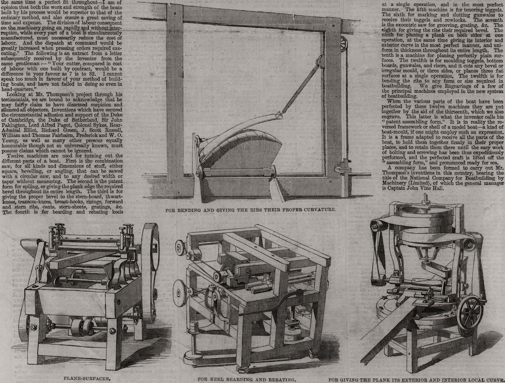 Thompson's boatbuilding machinery: rib curvature; plane-surfacer. Ships 1861